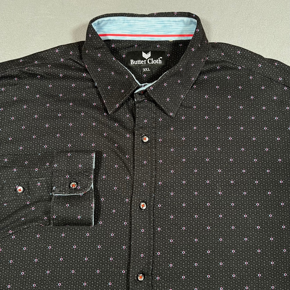 Buttercloth 3XL Mens Black Geometric Long Sleeve Button Up‎ Shirt Stretch Casual